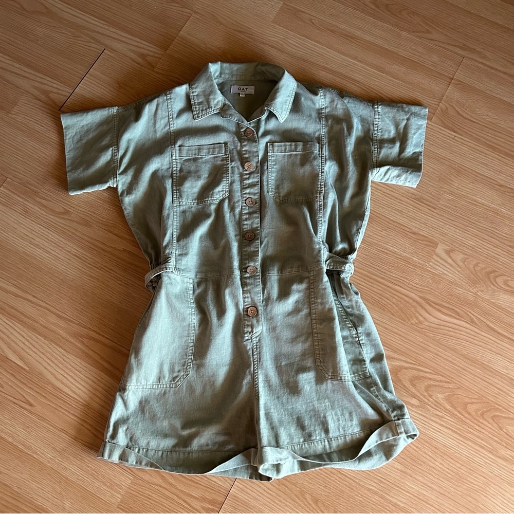 Oat New York Green Denim Belt Romper Large
